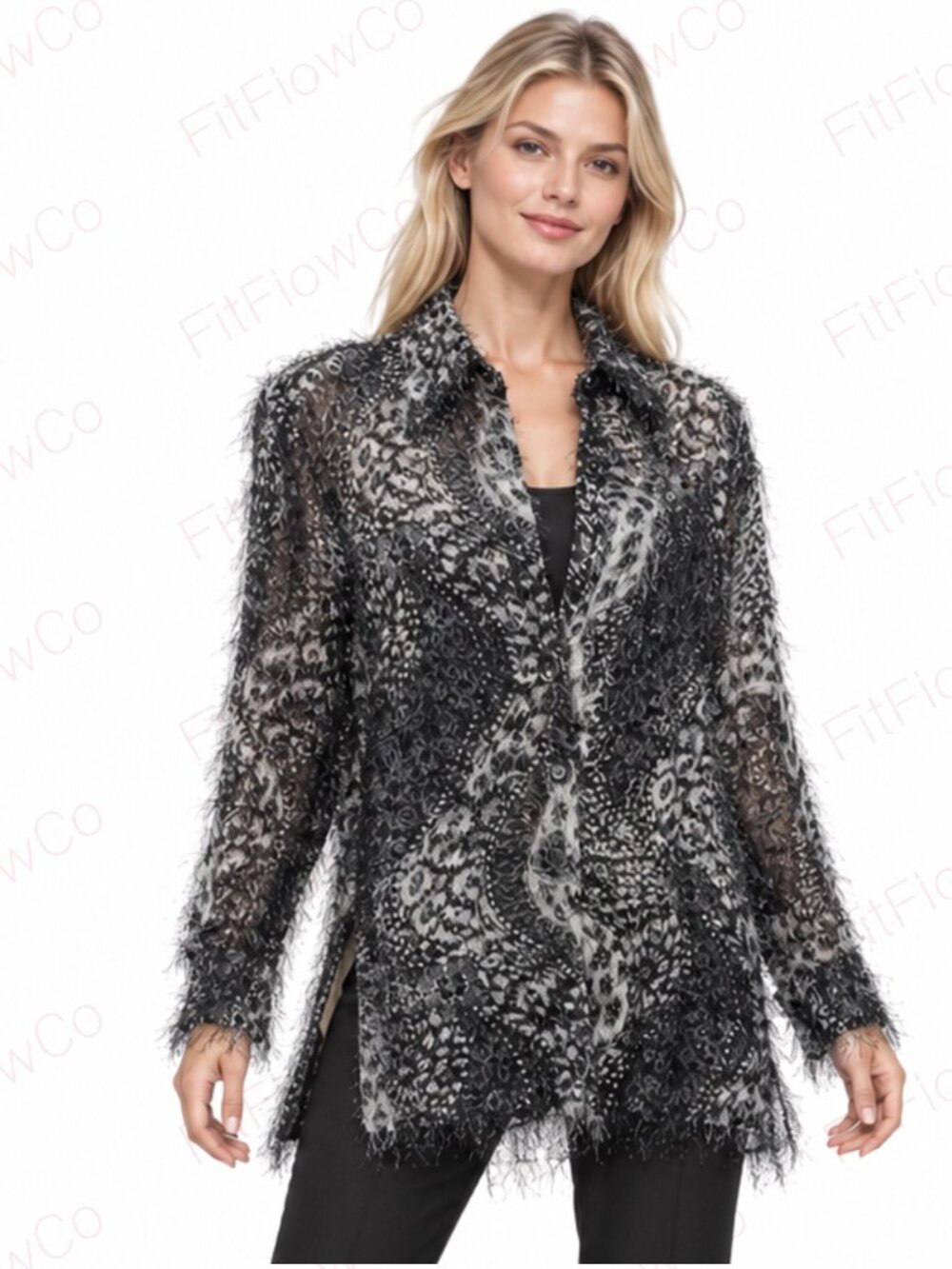Gantos Y2K Black Silver Eyelash Fringe Blouse S
